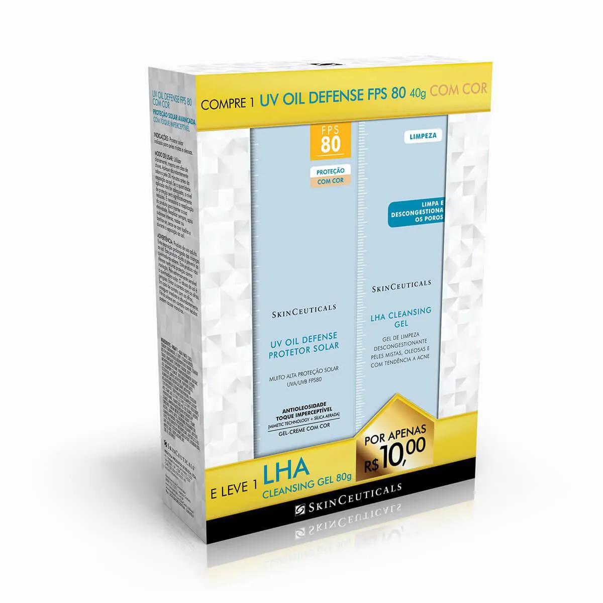 Kit SkinCeuticals Protetor Solar UV Oil Defense FPS 80 Com Cor com 40g + Gel de Limpeza LHA Cleansing com 80g