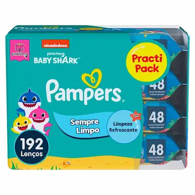 Lenço Umedecido Pampers Splash Baby Shark 4 Pacotes com 48 unidades cada