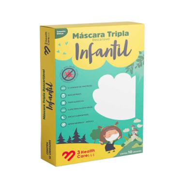 Máscara Tripla Descartável 3 Health Care Infantil com 10 unidades