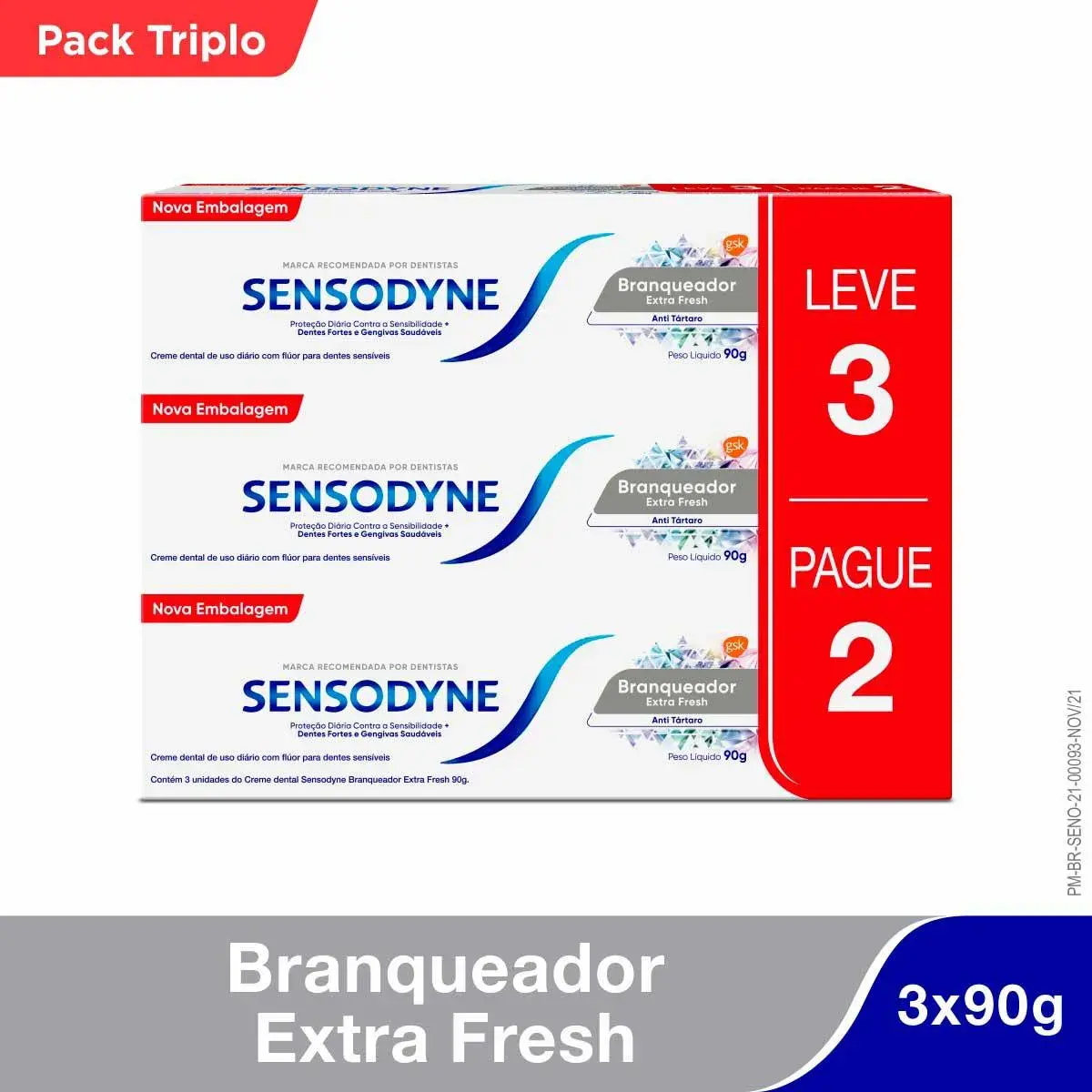 Kit Pasta de Dente Sensodyne Branqueador Extra Fresh com 3 unidades de 90g cada