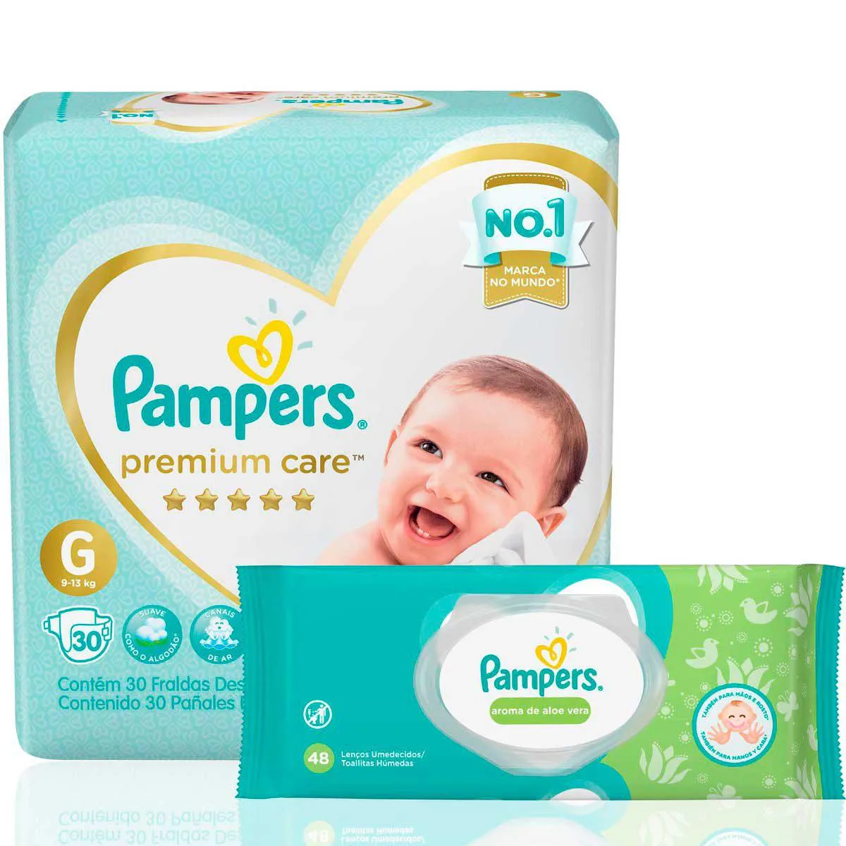 Kit Fralda Pampers Premium Care G 30 Unidades + Lenço Umedecido Aloe Vera 48 unidades