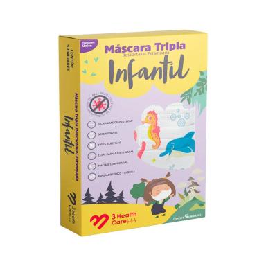 Máscara Descartável 3 Health Care Infantil Estampada Tripla Proteção com 5 unidades