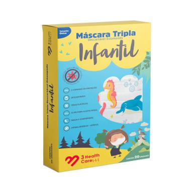 Máscara Descartável 3 Health Care Infantil Estampada Tripla Proteção com 20 unidades