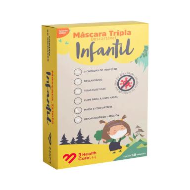 Máscara Descartável 3 Health Care Infantil Tripla Proteção com 50 unidades