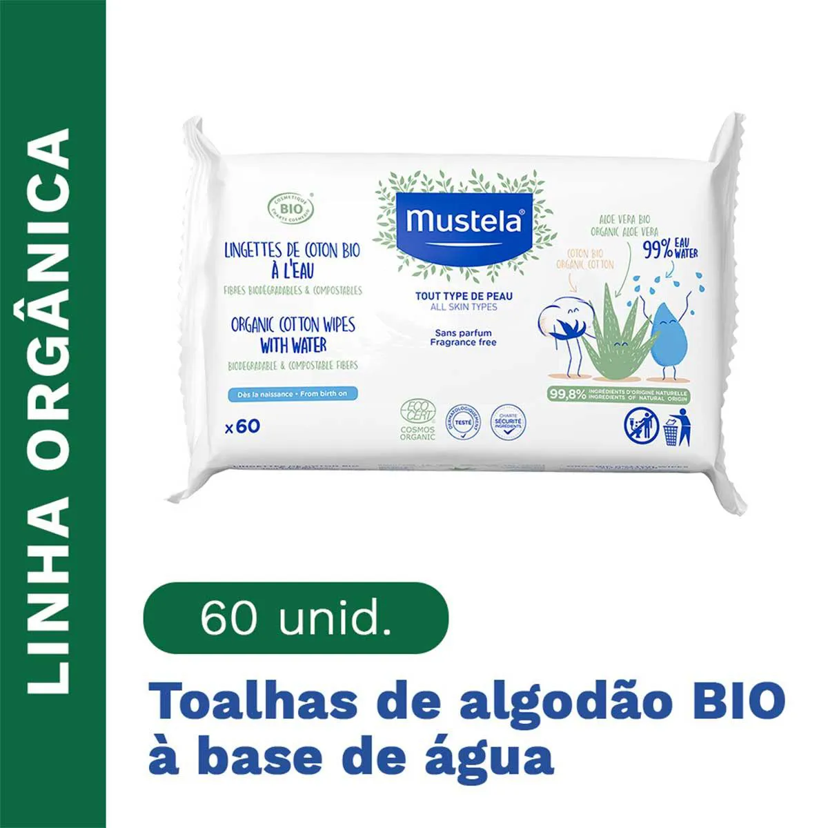 Toalha Umedecida de Algodão Mustela Bio com 60 Unidades