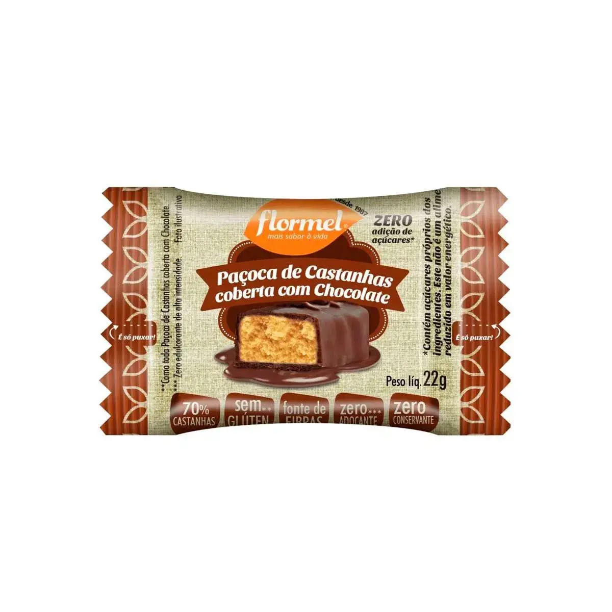 Paçoca Flormel de Castanhas coberta com Chocolate Zero Açúcar com 1 unidade