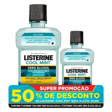 Kit Enxaguante Antisséptico Bucal Listerine Cool Mint Zero Álcool com 500ml + 250ml