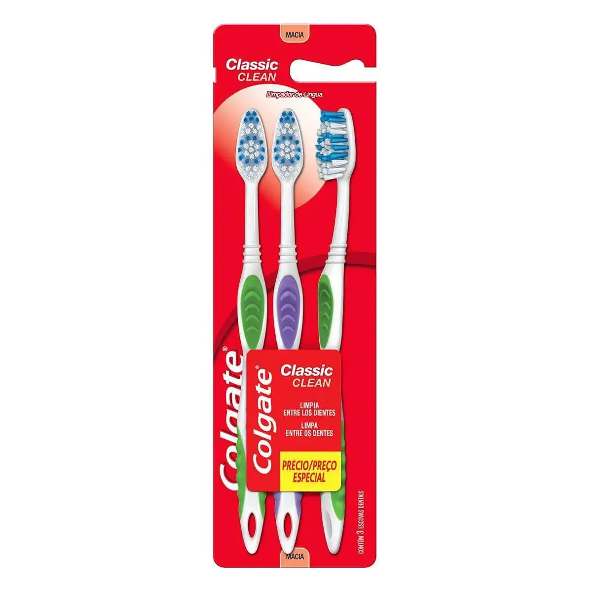 Escova de Dente Colgate Classic Clean com 3 unidades