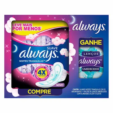 Kit Absorvente Always Noites Tranquilas Suave com 32 Unidades + Lenço Umedecido com 16 Unidades
