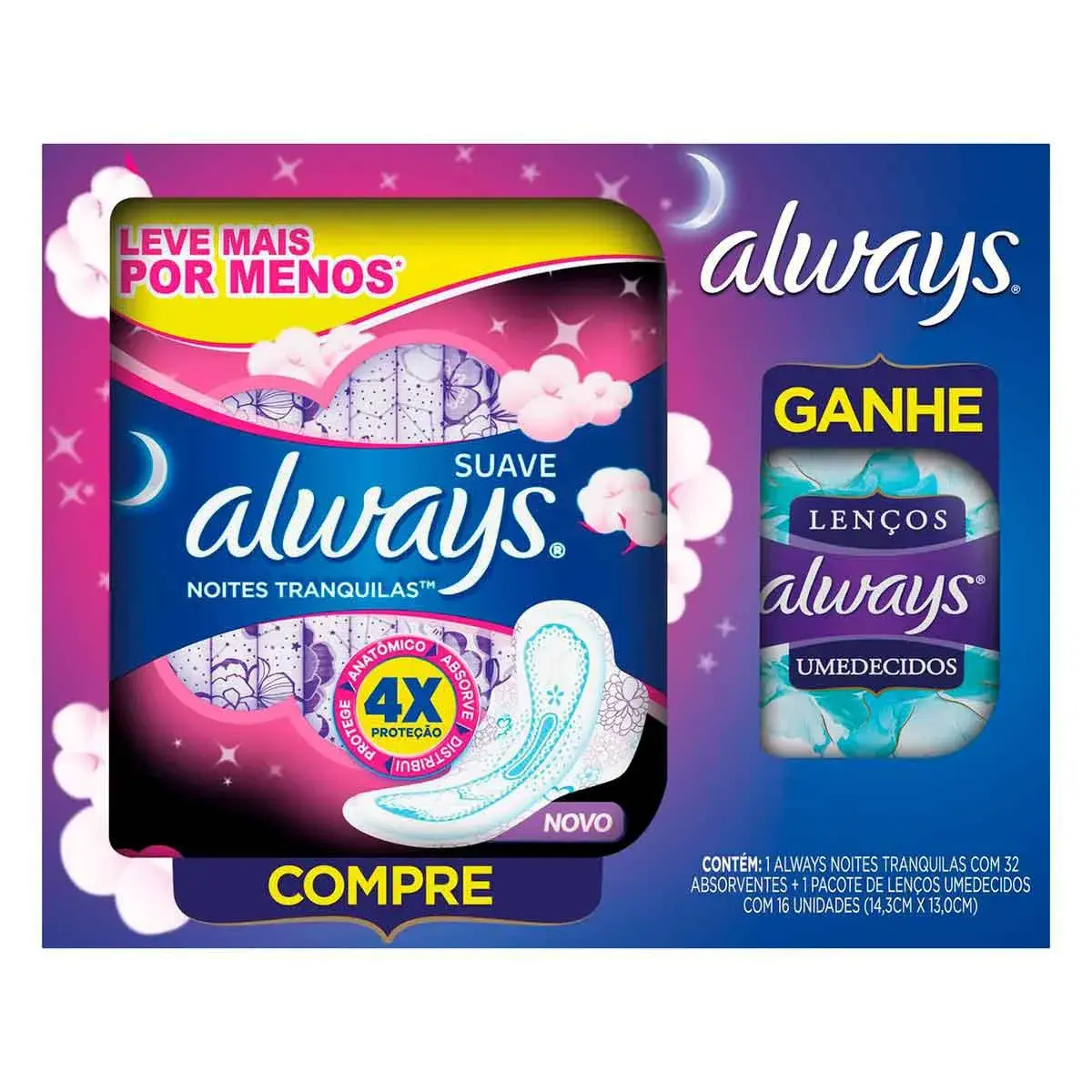 Kit Absorvente Always Noites Tranquilas Suave com 32 Unidades + Lenço Umedecido com 16 Unidades