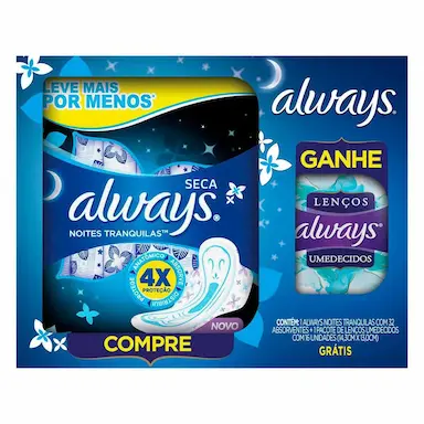Kit Absorvente Always Noites Tranquilas Seca com 32 Unidades + Lenço Umedecido com 16 Unidades