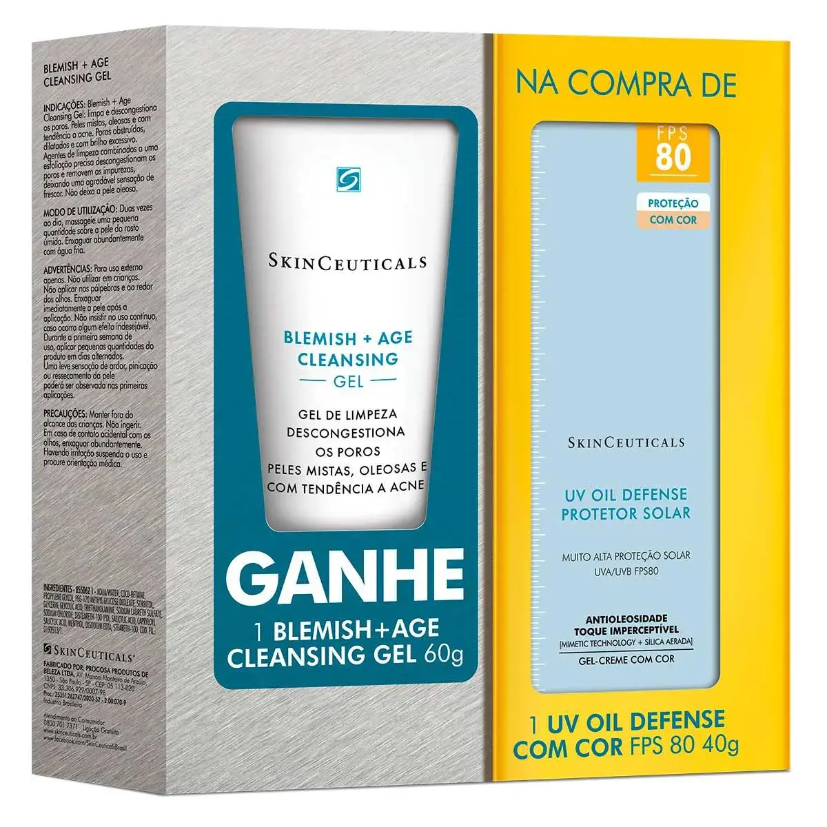Kit Protetor Solar SkinCeuticals UV Oil Defense FPS80 com 40g + Gel de Limpeza Blemish + Age com 60g