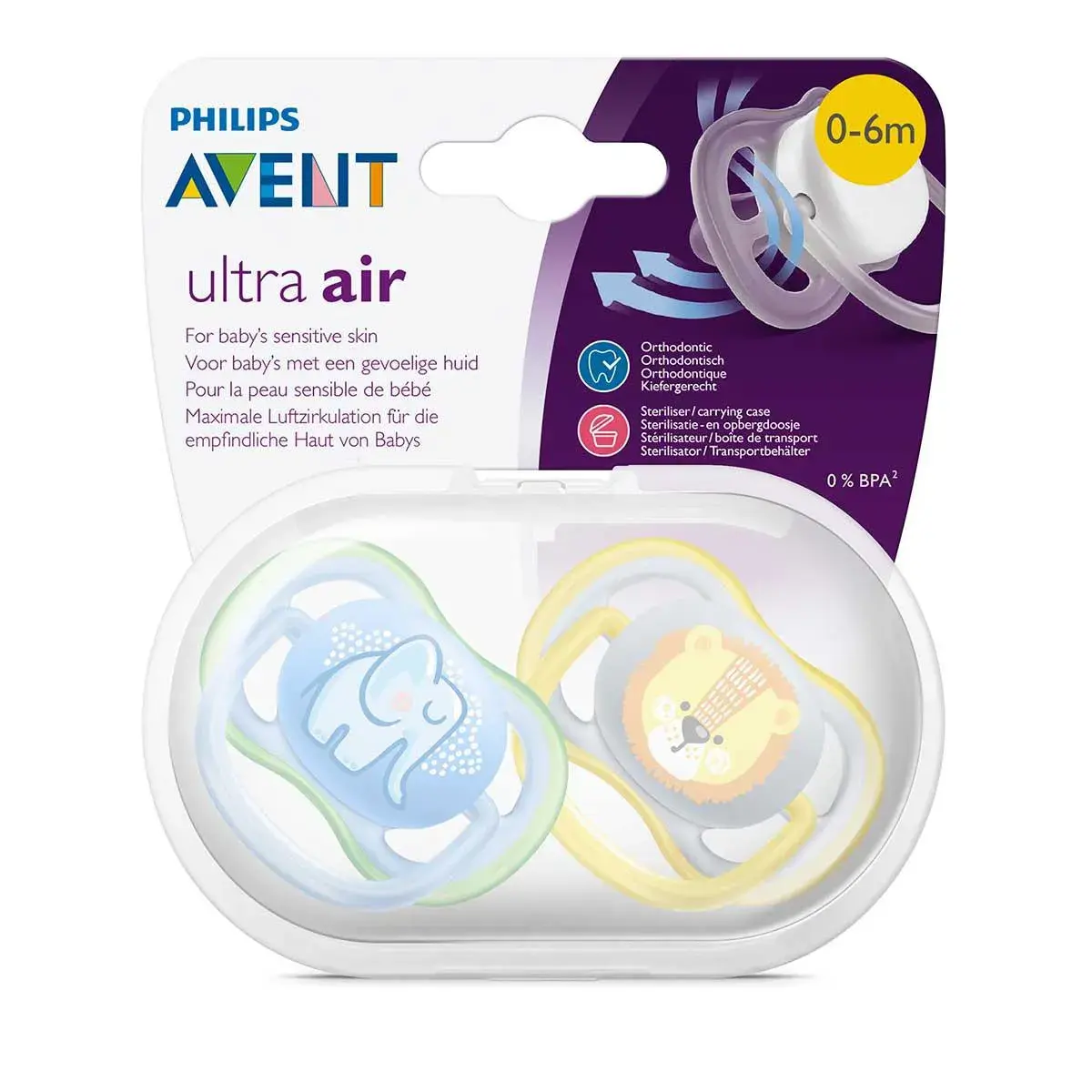 Chupeta Avent Ultra Air 0-6 Meses Elefante/Leão com 2 Unidades