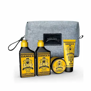 Kit Viagem Barba Forte Danger + Nécessaire com Shampoo, Condicionador, Balm e Pomada