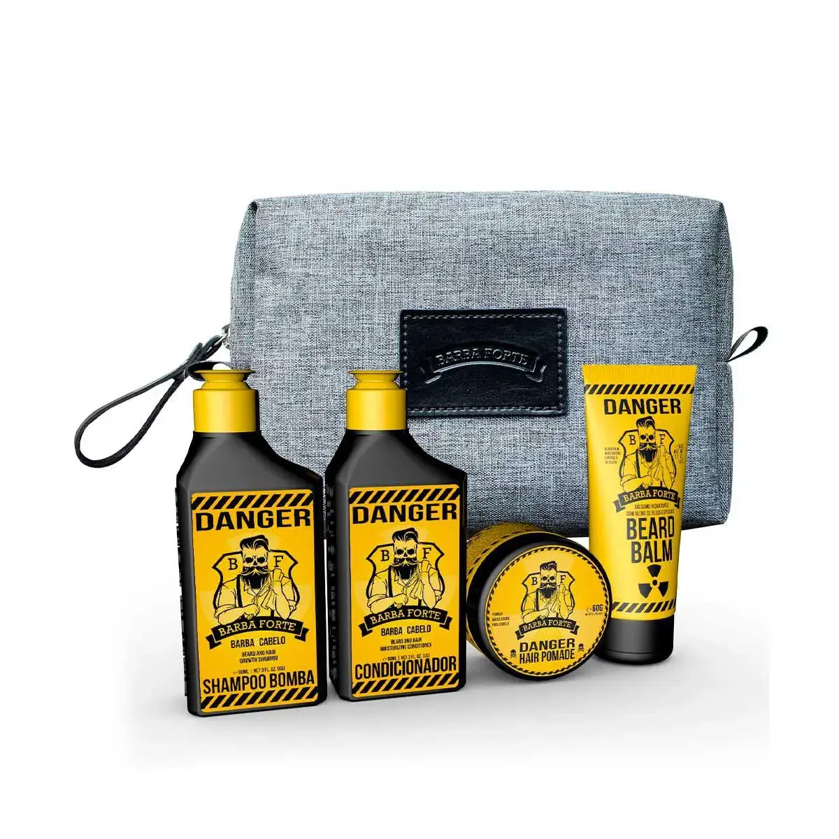 Kit Viagem Barba Forte Danger + Nécessaire com Shampoo, Condicionador, Balm e Pomada