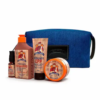 Kit Viagem Barba Forte IronJack + Nécessaire com Shampoo, Creme de Pentear, Pomada e Óleo de Barba