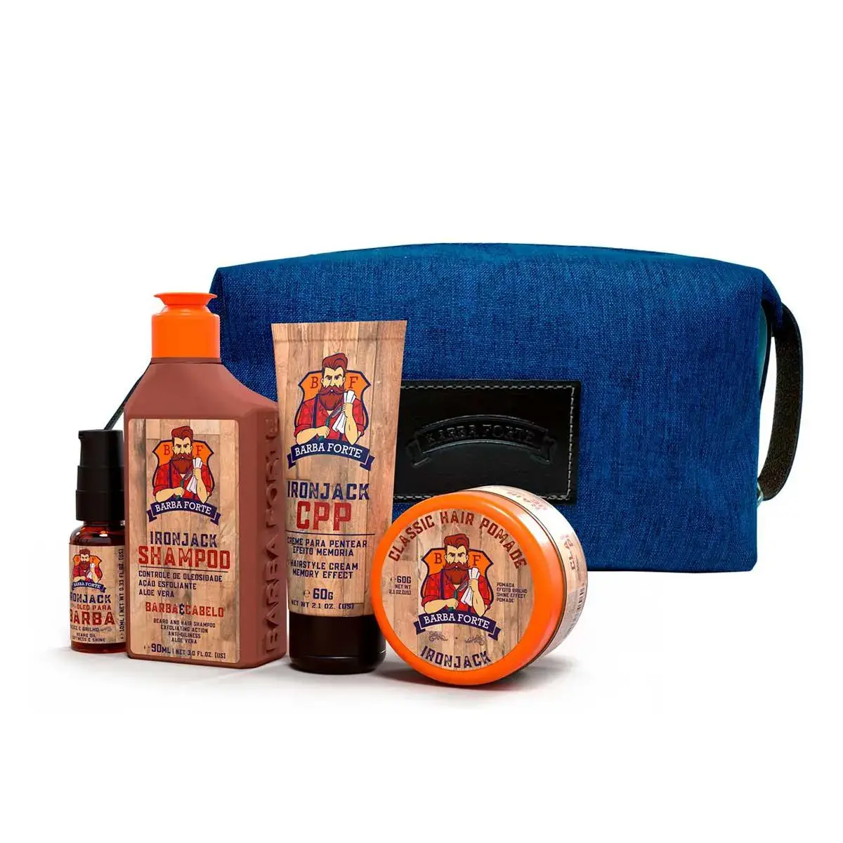 Kit Viagem Barba Forte IronJack + Nécessaire com Shampoo, Creme de Pentear, Pomada e Óleo de Barba