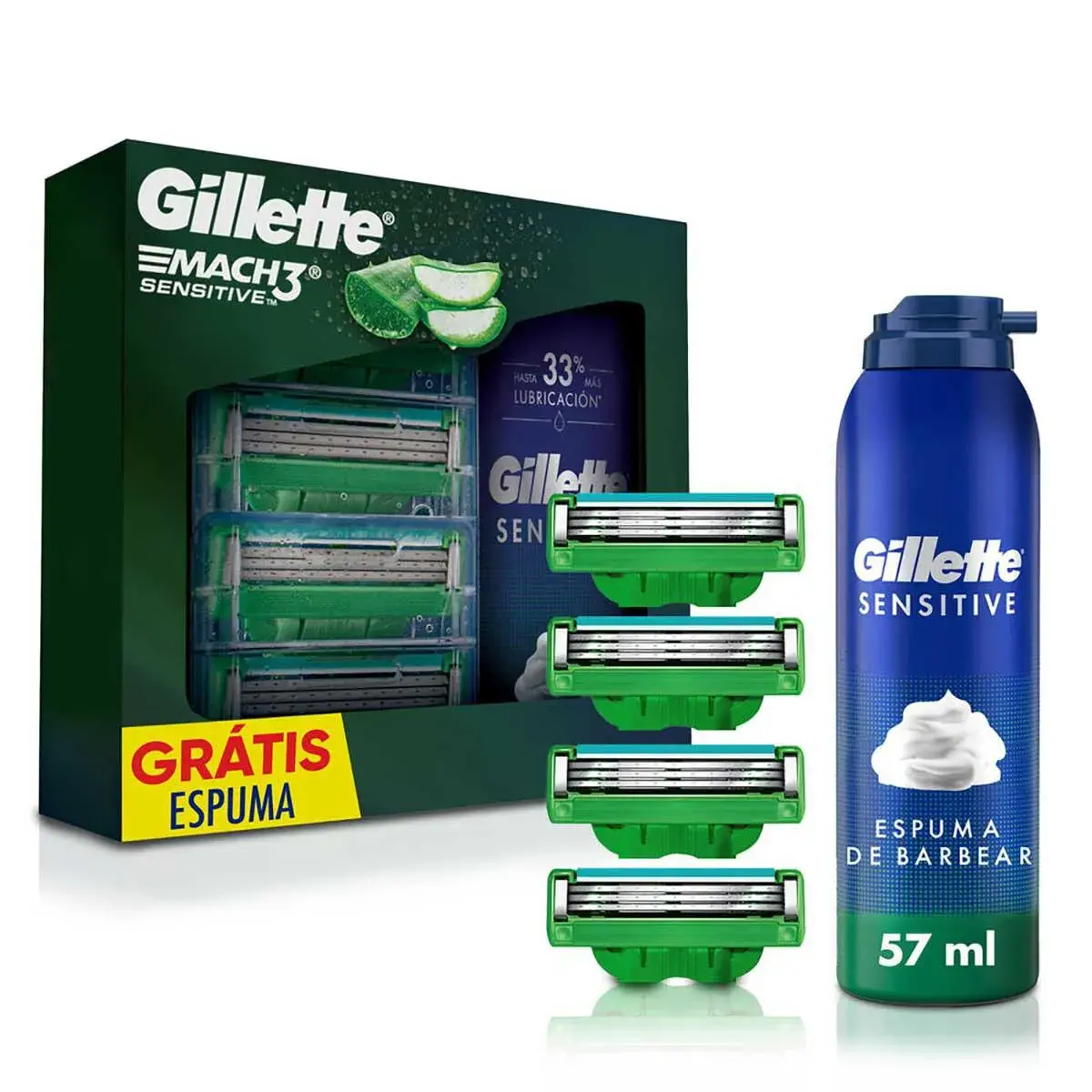 Kit Gillette Carga para Barbeador Mach3 Sensitive Acqua Grip 4 unidades + Espuma de Barbear Sensitive 56g