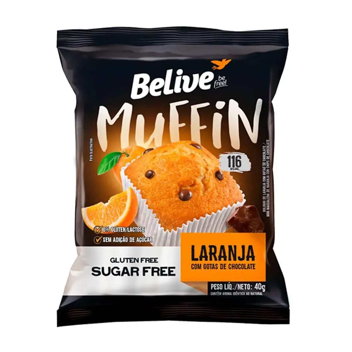 Muffin Belive Laranja com Gotas de Chocolate Zero Açúcar, Glúten e Lactose com 40g