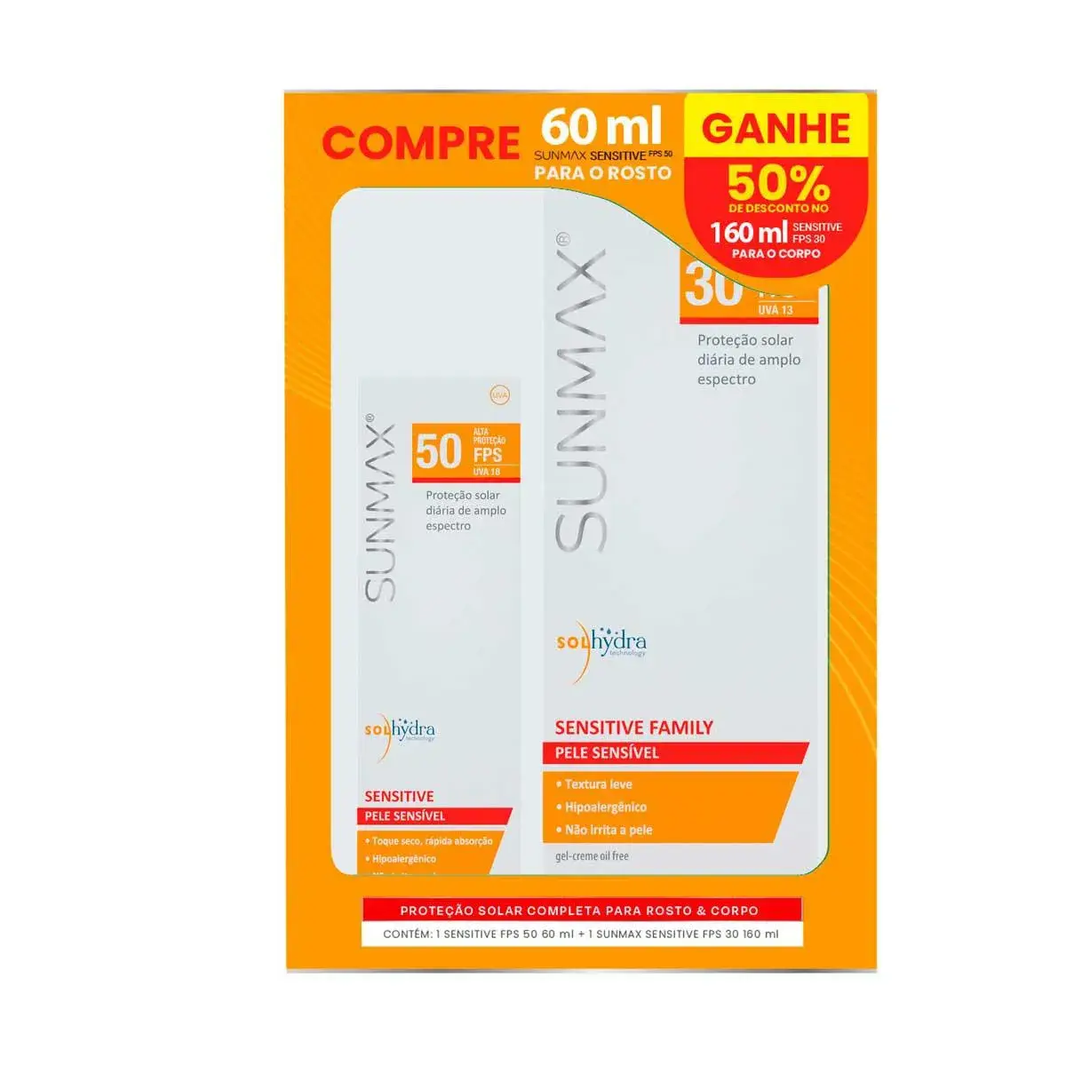 Kit Protetor Solar Sunmax Sensitive FPS50 com 60ml + Sensitive FPS30 com 160ml