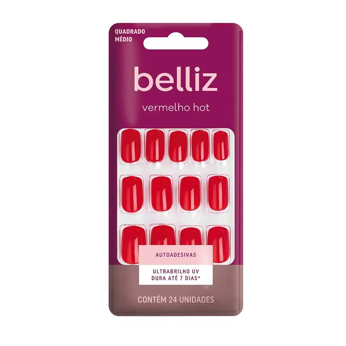Unhas Postiças Autoadesivas Belliz Vermelho Hot 24 Unidades