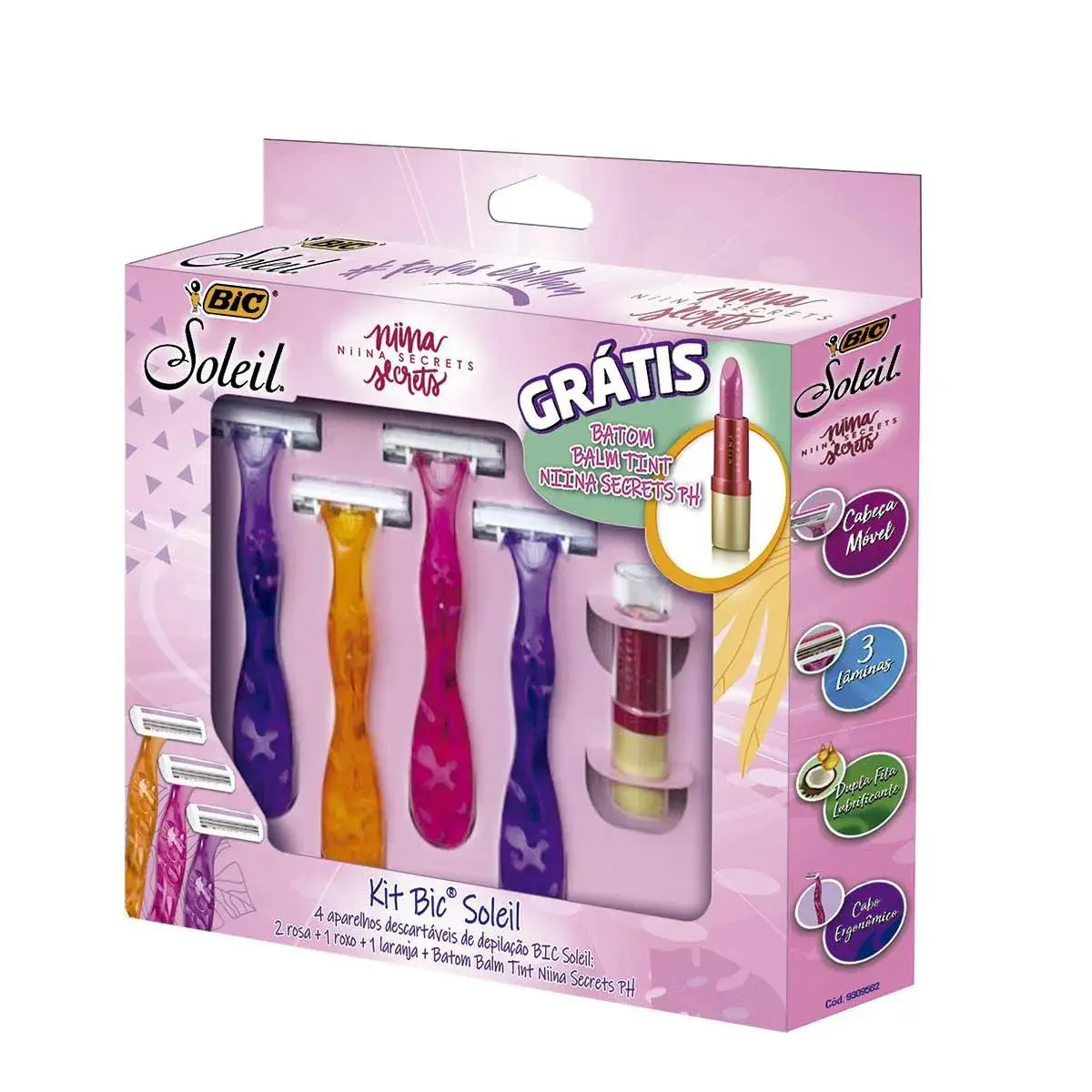 Kit Aparelho de Depilar Bic Soleil com 4 Unidades + 1 Batom Niina Secrets