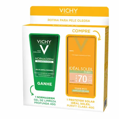 Kit Vichy Protetor Solar Ideal Soleil Purify Clara FPS 70 40g + Gel de Limpeza Profunda Normaderm 40g