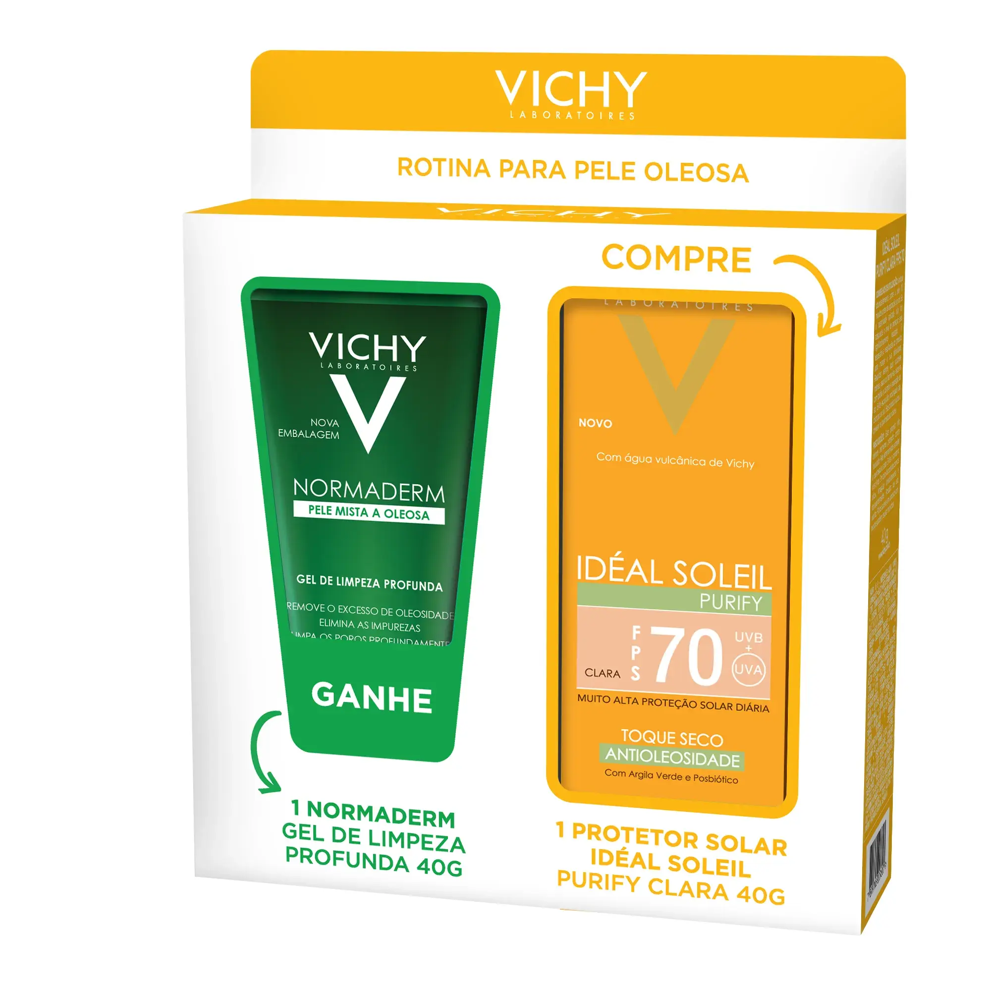 Kit Vichy Protetor Solar Ideal Soleil Purify Clara FPS 70 40g + Gel de Limpeza Profunda Normaderm 40g