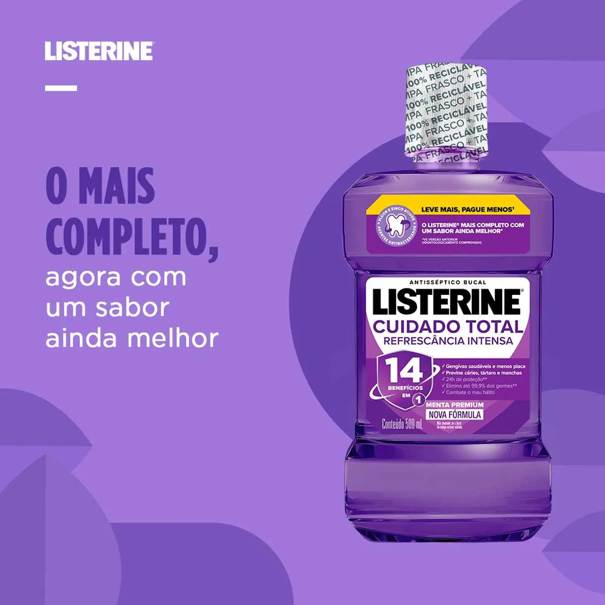 Enxaguante Antisséptico Bucal Listerine Cuidado Total Refrescância Intensa com Álcool 500ml