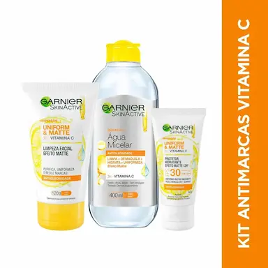 Kit Antimarcas Garnier Uniform & Matte Vitamina C Limpeza Facial + Água Micelar + Protetor Hidratante