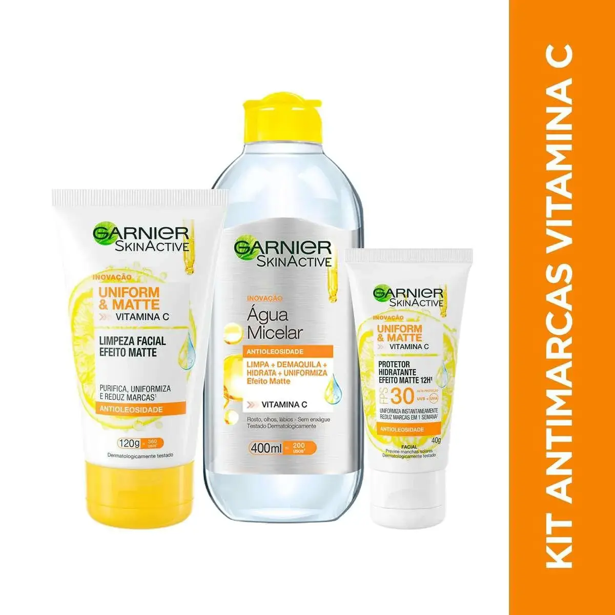 Kit Antimarcas Garnier Uniform & Matte Vitamina C Limpeza Facial + Água Micelar + Protetor Hidratante