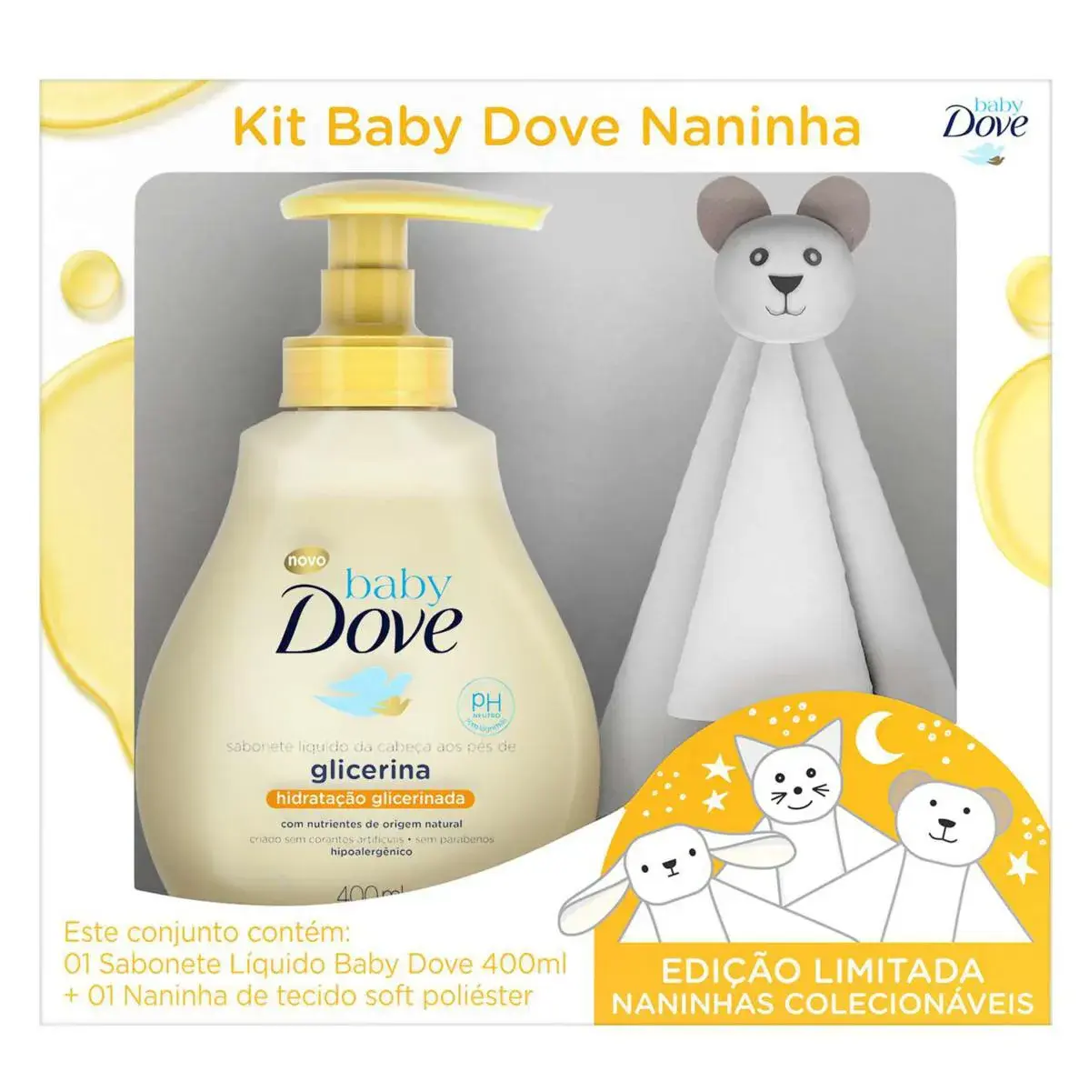 Kit Sabonete Líquido Dove Baby Hidratação Glicerinada 400ml + Naninha Ursinho