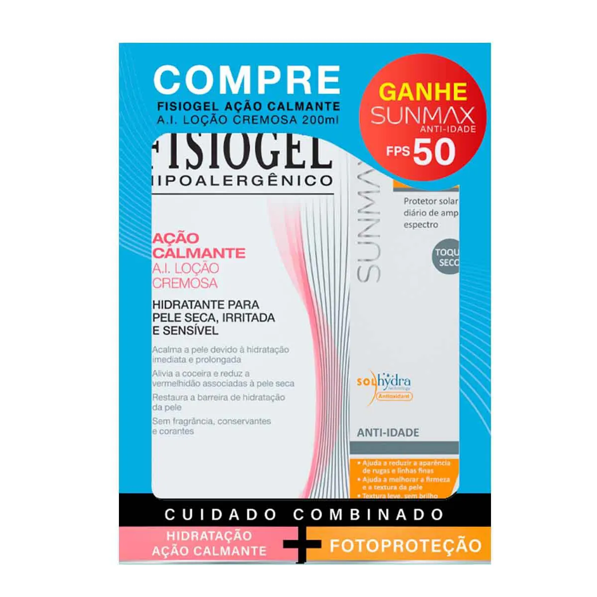 Kit Loção Cremosa Fisiogel Ação Calmante A.I. 200ml + Protetor Solar Facial Sunmax Anti-Idade FPS 50 60ml Grátis