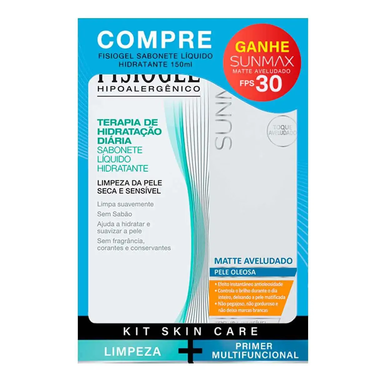 Kit Sabonete Líquido Fisiogel Terapia de Hidratação Diária 150ml + Protetor Solar Facial Sunmax Matte Aveludado FPS 30 50g Grátis