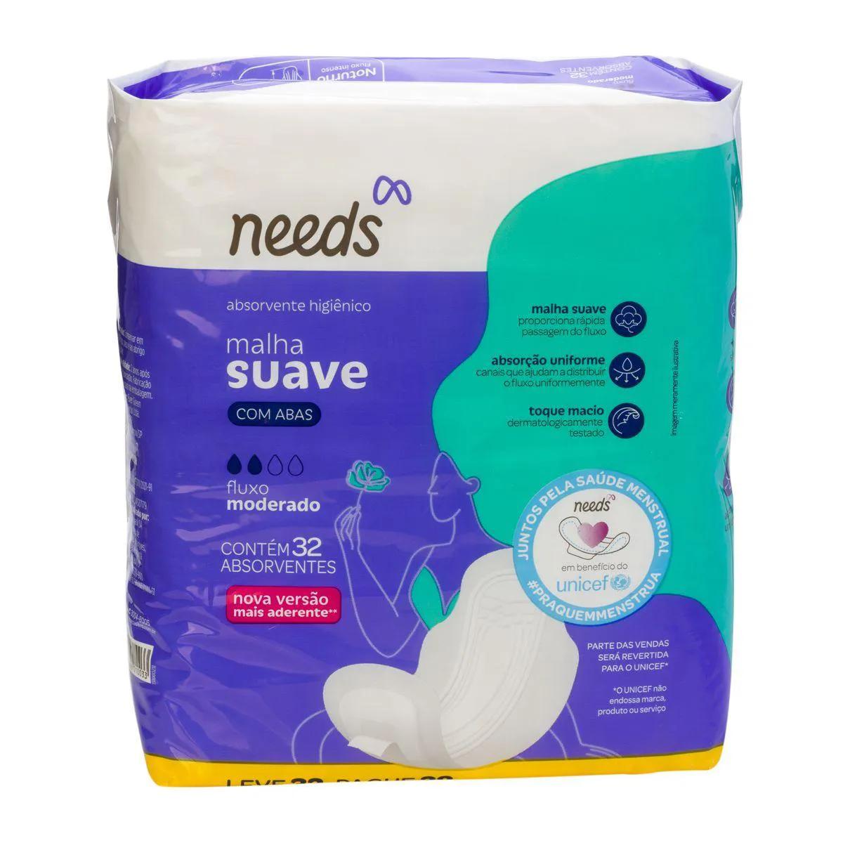 Absorvente Needs Malha Suave com Abas 32 unidades
