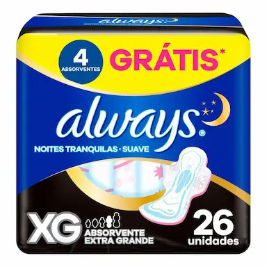 Absorvente Always Noites Tranquilas Cobertura Suave XG com Abas 26 Unidades