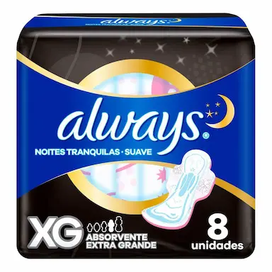 Absorvente Always Noites Tranquilas Cobertura Suave XG com Abas 8 Unidades