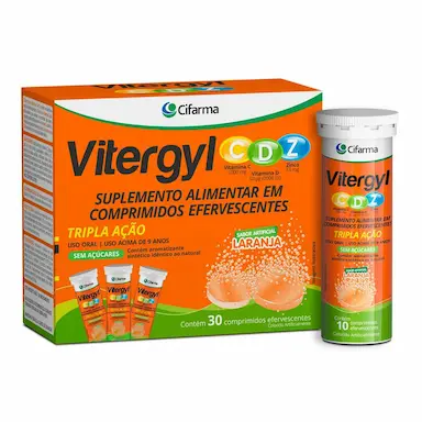Suplemento Alimentar Vitergyl CDZ Tripla Ação Sabor Laranja 30 Comprimidos Efervescentes