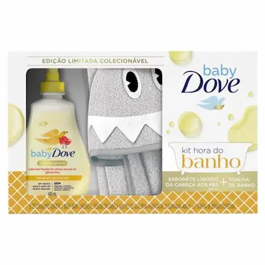 Kit Dove Baby Hora do Banho Sabonete Líquido Hidratação Glicerinada 400ml + Toalha de Banho Tubarão