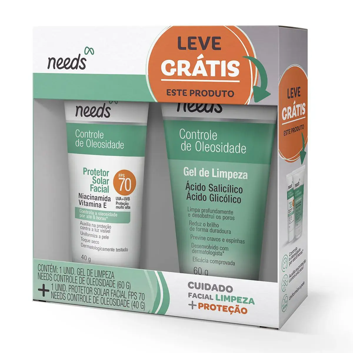 Kit Needs Cuidado Facial Limpeza + Proteção com Protetor Solar Facial FPS 70 - 40g + Gel de Limpeza Controle de Oleosidade 60g