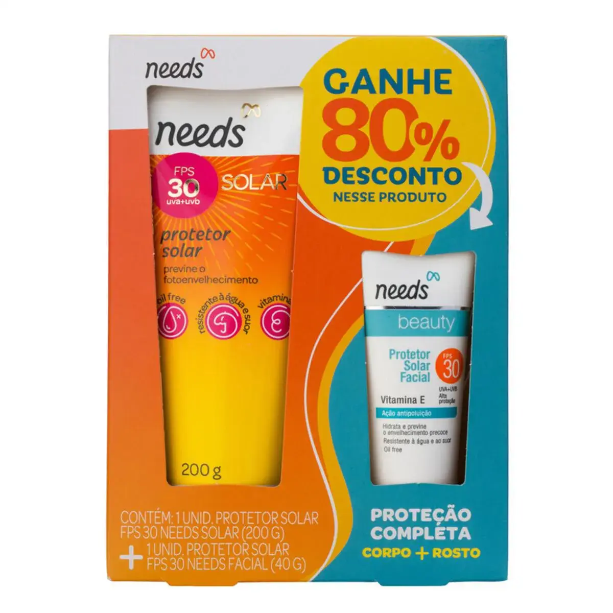 Kit Needs Proteção Completa - Protetor Solar FPS 30 200g + Protetor Solar Facial FPS 30 - 40g