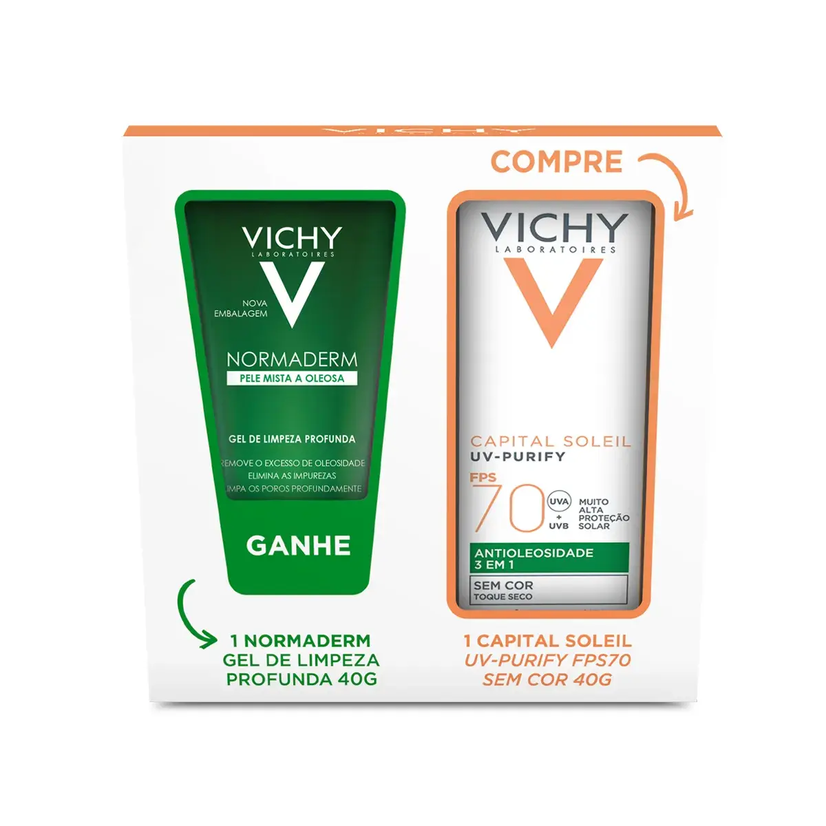 Kit Vichy Protetor Solar Facial Idéal Soleil UV-Purify FPS 70 40g + Gel de Limpeza Profunda Normaderm 40g