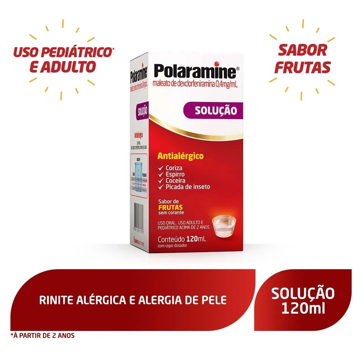 Polaramine Maleato de Dexclorfeniramina 0,4mg/ml Solução Oral Sabor Frutas 120ml
