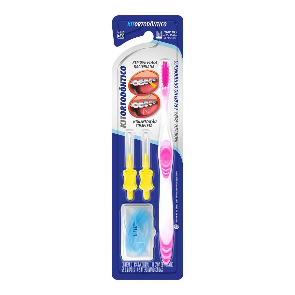 Kit Ortodôntico Dentalclean com 1 Escova Dental + 2 Interdentais Cônicas e 1 Caixa de Passa Fio com 25 unidades