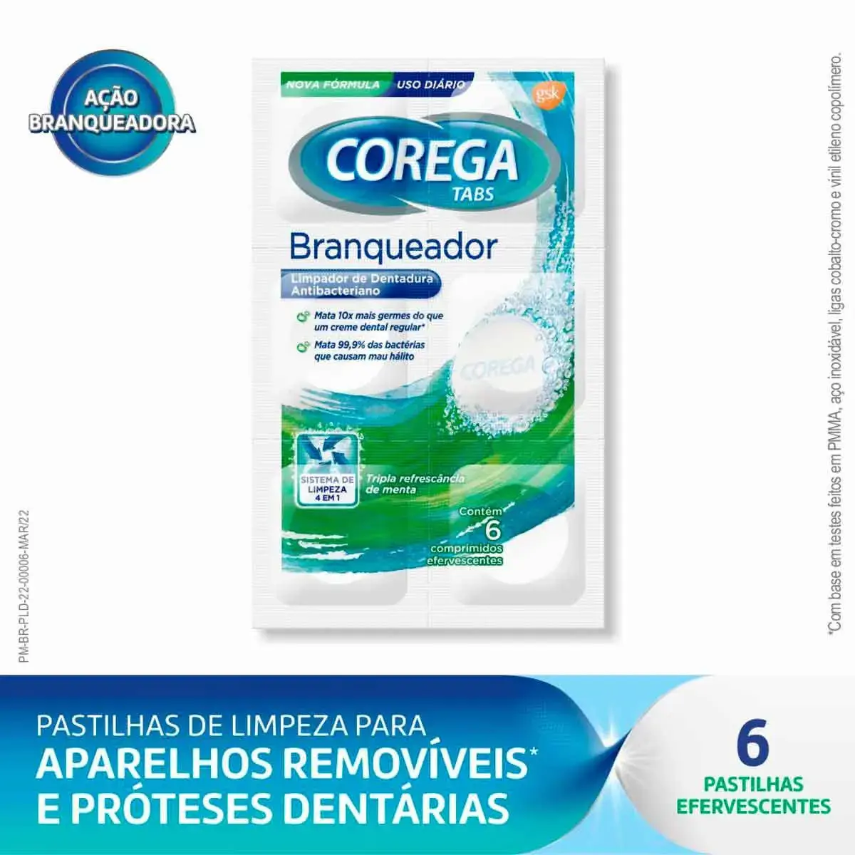 Limpador de Dentadura Corega Tabs Branqueador com 6 comprimidos efervescentes