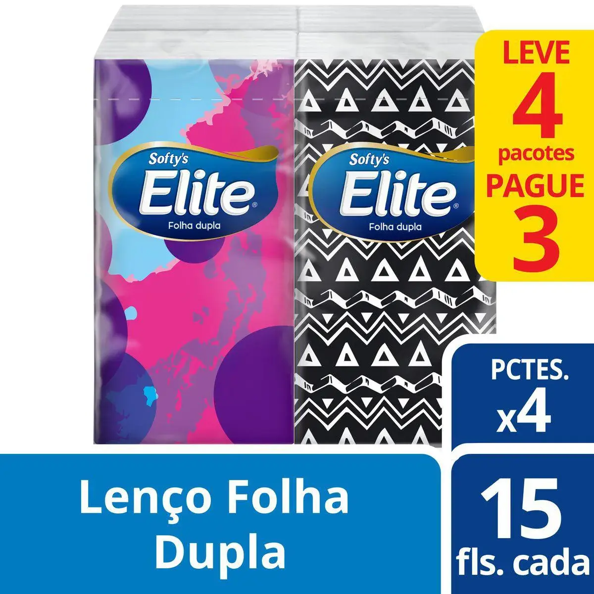 Kit Lenços de Papel de Bolso Elite Softy's com 4 pacotes de 15 folhas cada