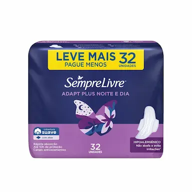 Absorvente Sempre Livre Adapt Plus Noite e Dia Cobertura Suave Com Abas 32 unidades