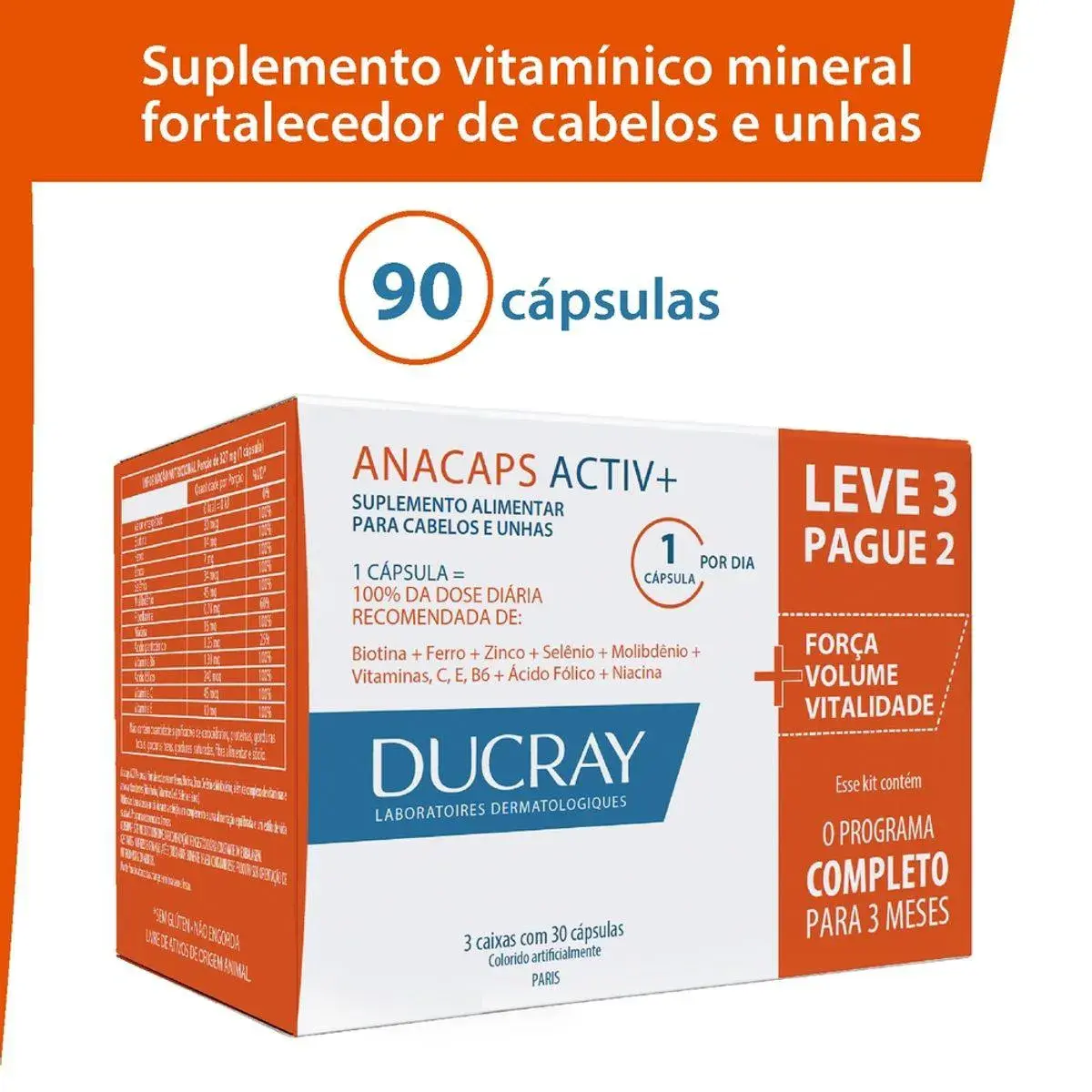 Suplemento Alimentar para Cabelos e Unhas Anacaps Activ+ - 90 Cápsulas