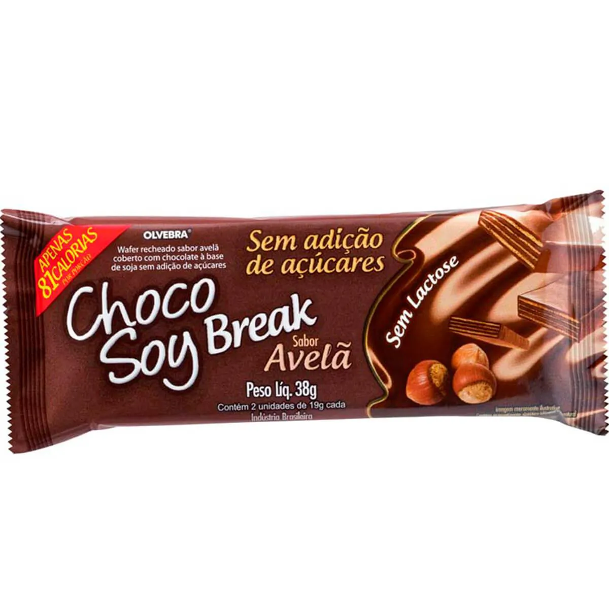 Chocolate Sem Lactose Choco Soy Break Sabor Avelã Sem Açúcar com 38g
