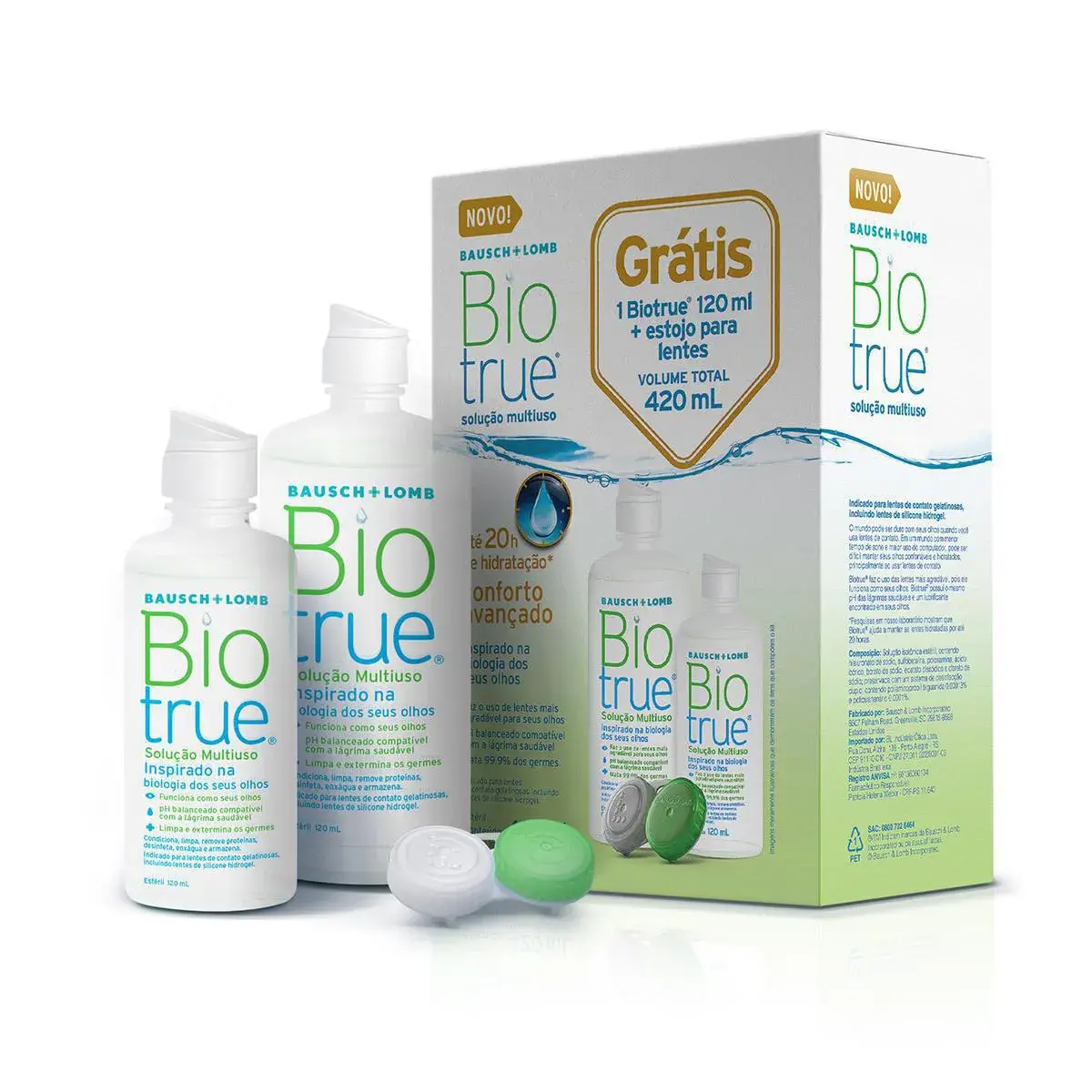 Kit Biotrue Solução para Lentes de Contato com 1 frasco de 300ml + 1 frasco de 120ml + 1 estojo para lentes